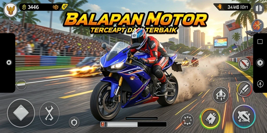 Screenshot menunjukkan aksi balapan motor yang menegangkan.