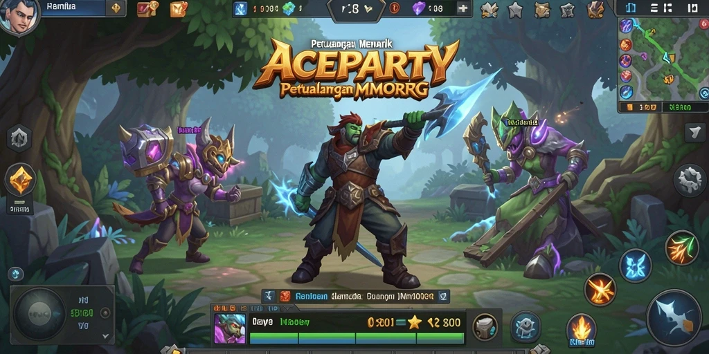 Tampilan gameplay ACEPARTY yang menampilkan pertarungan seru dan dunia yang luas.