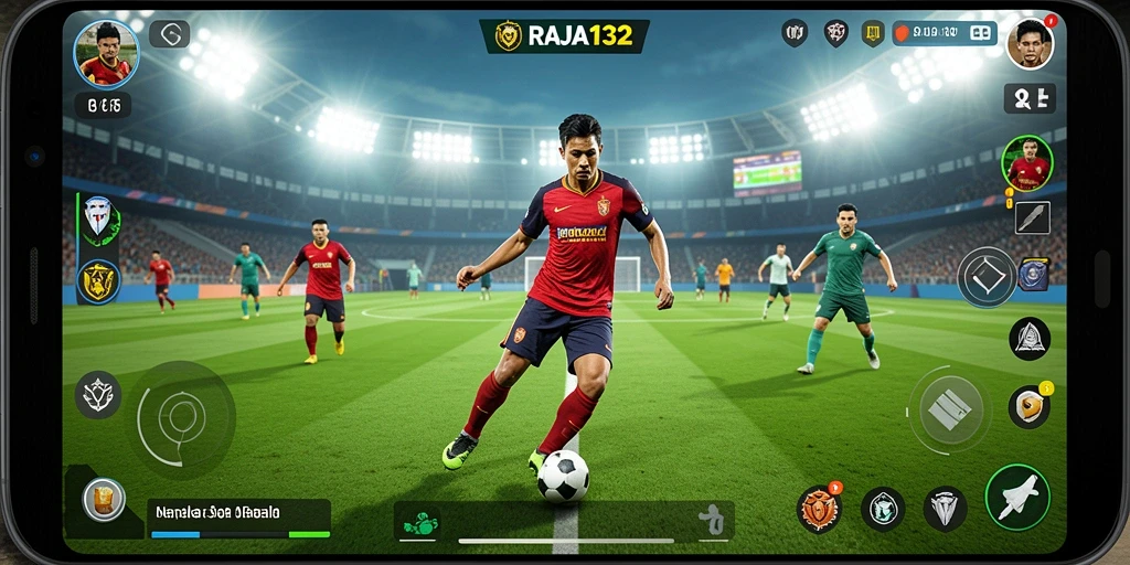 Tampilan gameplay mendebarkan dalam RAJA132, dengan aksi sepak bola yang realistis.