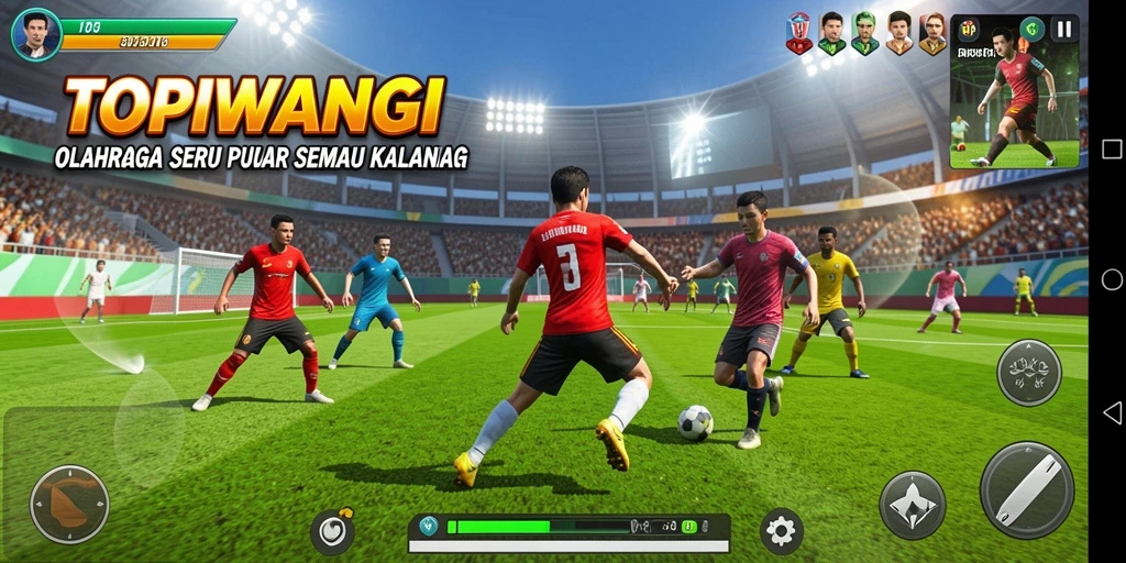 Tangkapan layar utama <strong>TOPIWANGI</strong> menampilkan aksi olahraga yang mendebarkan.